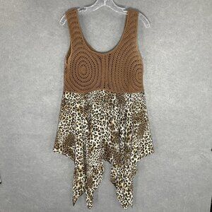 Vintage Y2k Camisole Babydoll Top L Crochet Leopard Taupe Sheer Flowy Boho Fairy